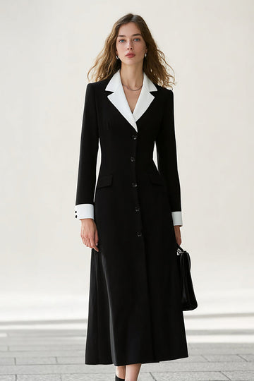 Black and White A Line Notched Lapel Long Work Dress with Sleeves